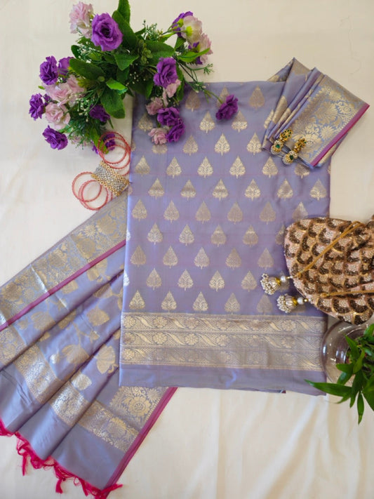 Smoky Lavender Pure Banarasi Silk Suit Set