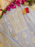 English Blue Mul Chanderi Chikankari Suit
