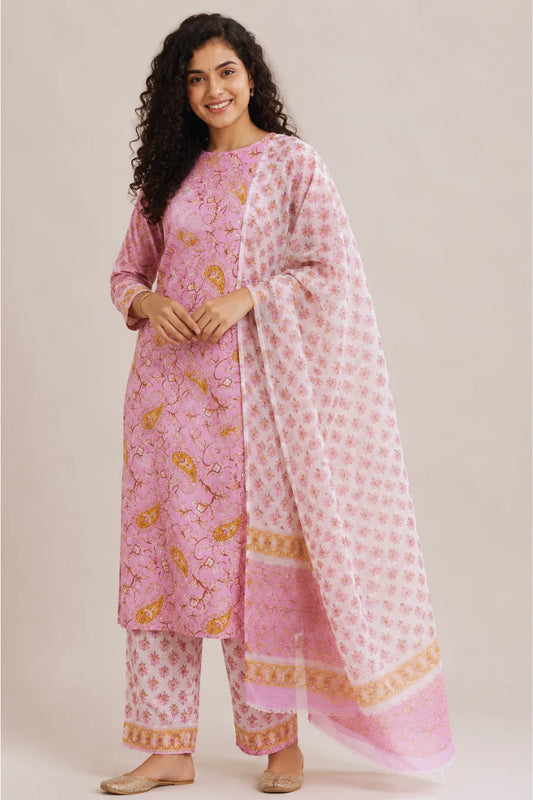 Fiza Pink Hand Block Print Suit