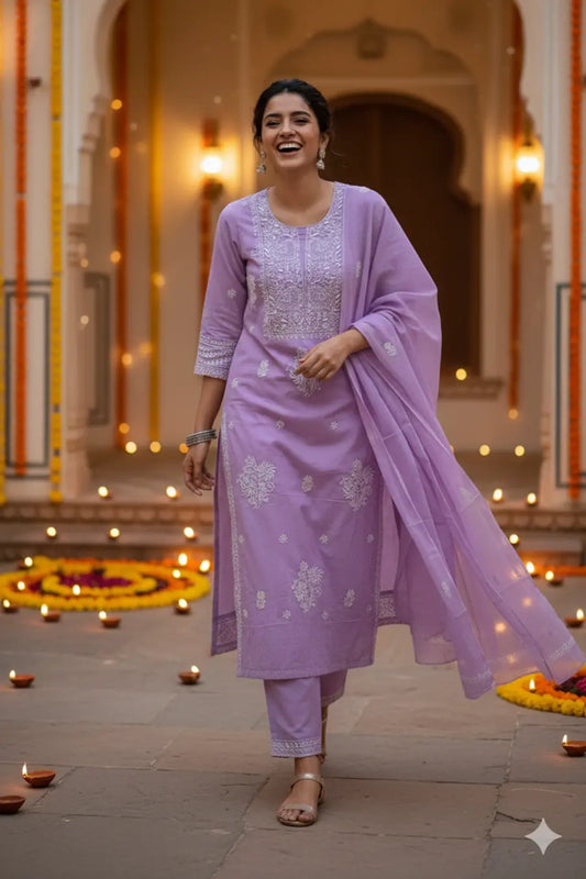 Noorvi Handcrafted Purple Chikankari Cotton Suit