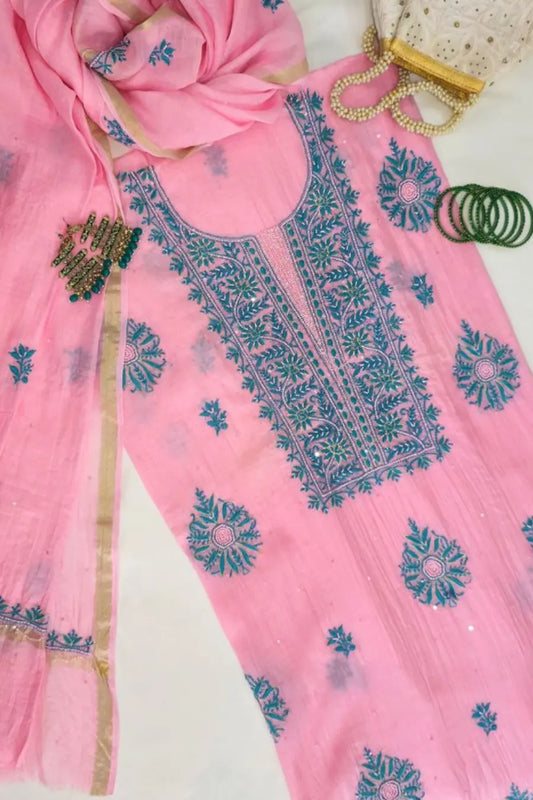 Tea Pink Chikankari Pure Mul Chanderi Suit
