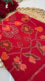 Close-up of red Ikkat cotton saree showing resist-dyed patterns