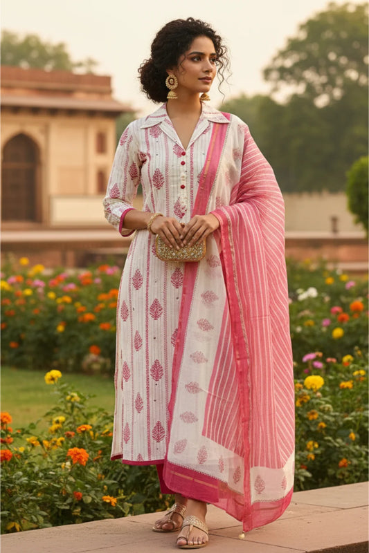 Sakura Bloom Pink Block Print Suit