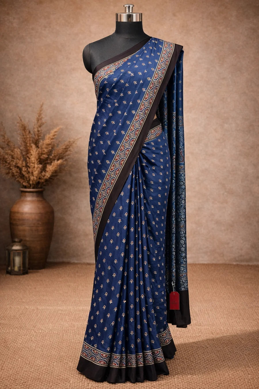 Mor-Pankh Blue Peacock Ajrakh Modal Silk Saree