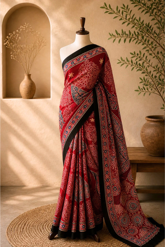 Scarlet Bloom Ajrakh Modal Saree