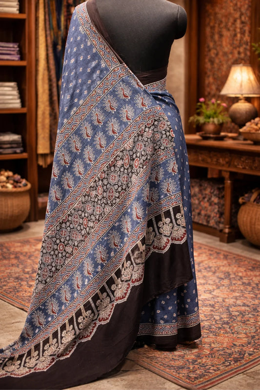 Mor-Pankh Blue Peacock Ajrakh Modal Silk Saree