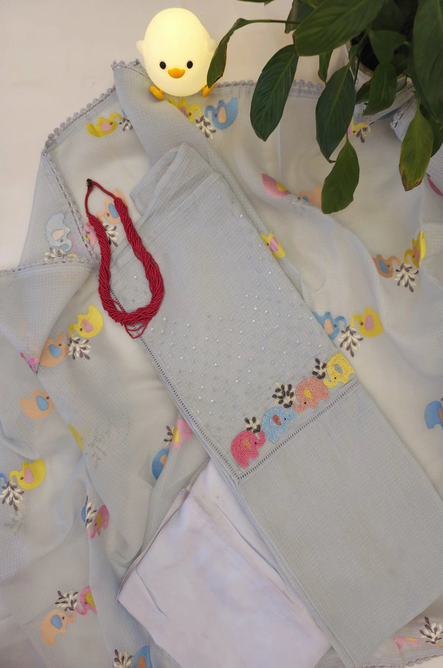 Misty Blue Embroidered Kota Suit