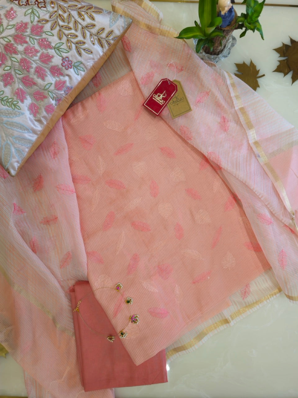 Peach Linen Embroidered Suit