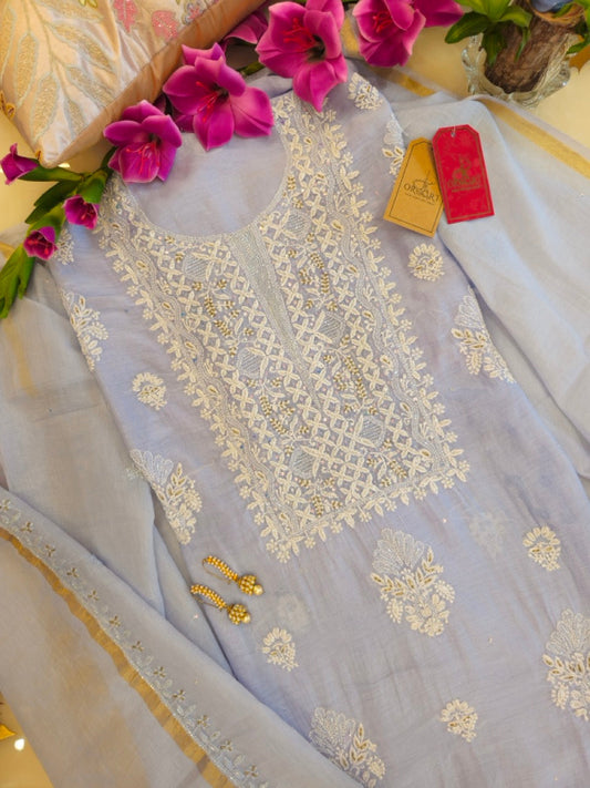 English Blue Mul Chanderi Chikankari Suit