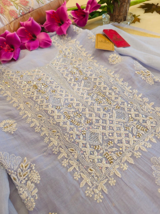 English Blue Mul Chanderi Chikankari Suit