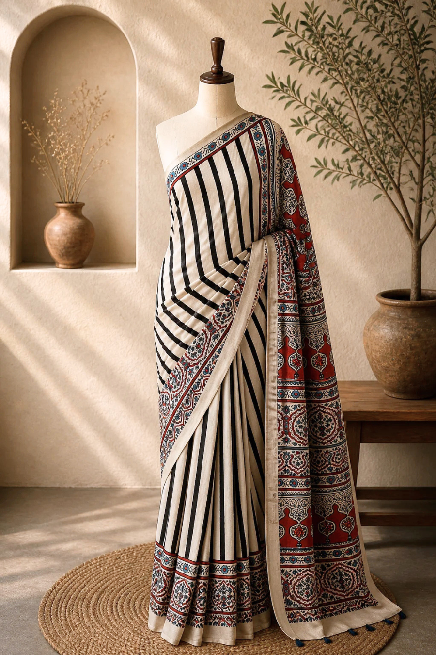 Ivory Stripe Ajrakh Modal Saree