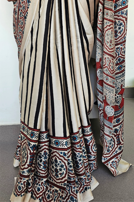 Ivory Stripe Ajrakh Modal Saree