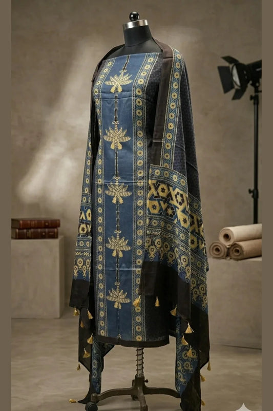 Midnight Lotus Ajrakh Modal Silk Suit.