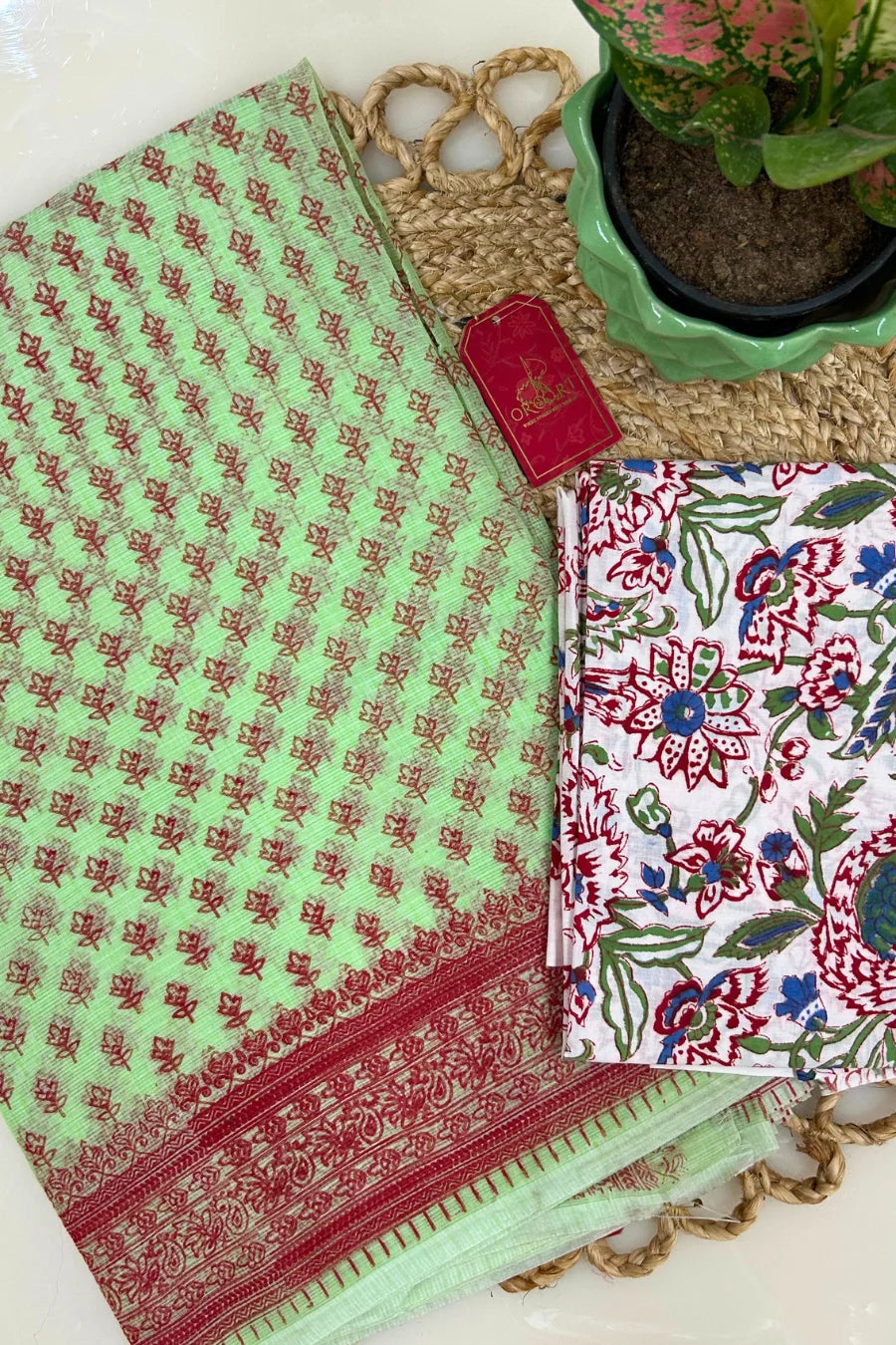 Parijat Mint Hand Block Printed Kota Doria Saree