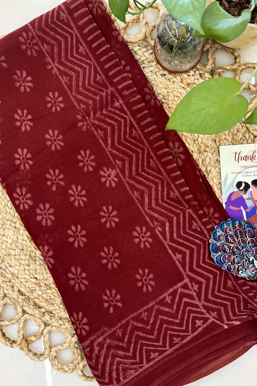 Garnet Chevron Hand Block Saree