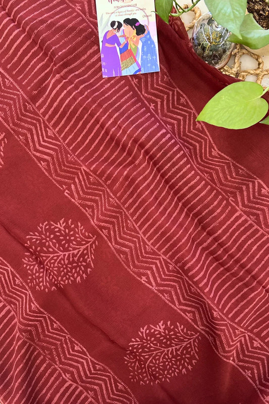 Garnet Chevron Hand Block Saree