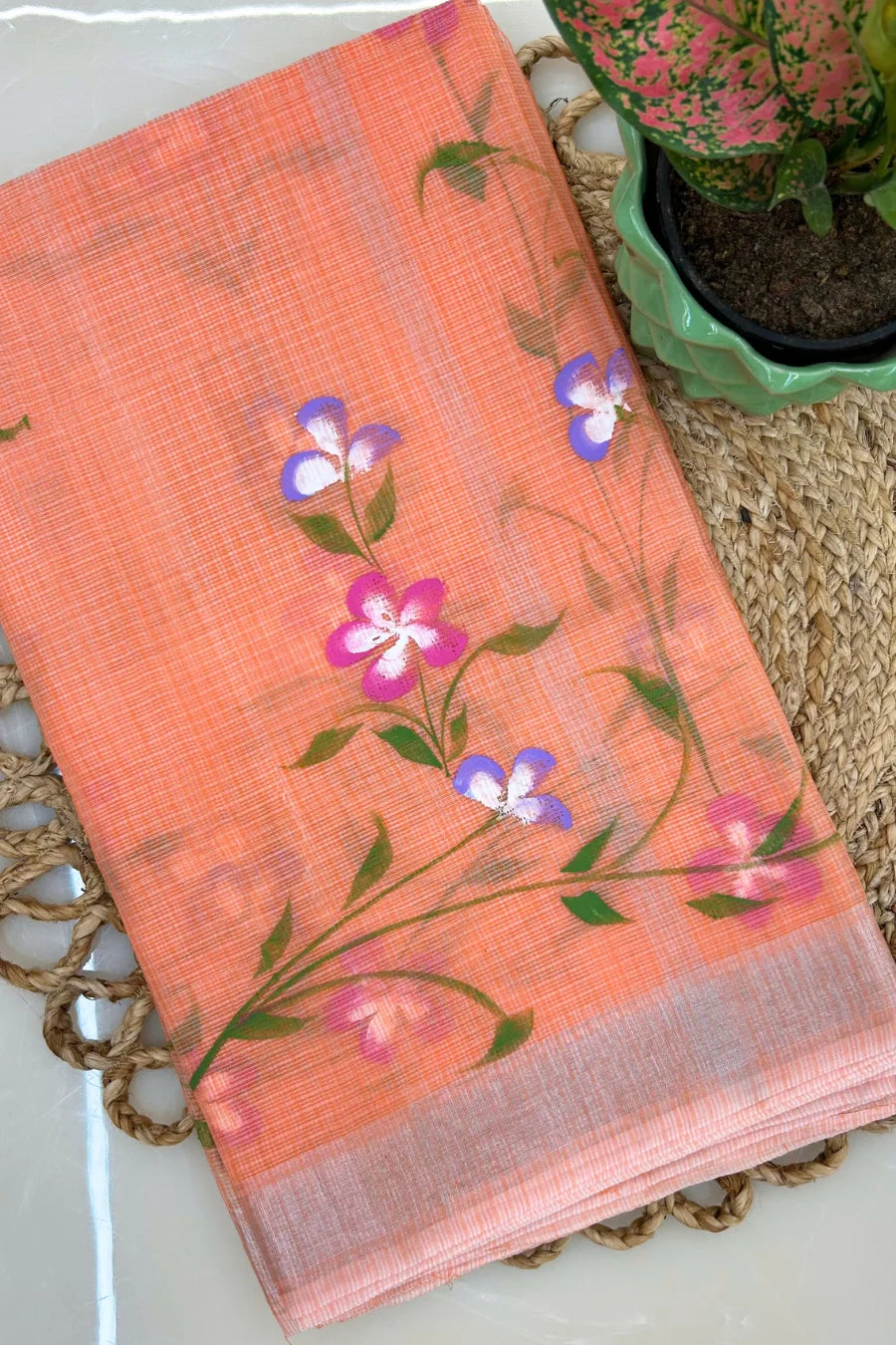 Priyangu Peach Hand Painted Pure Cotton Kota Doria Saree