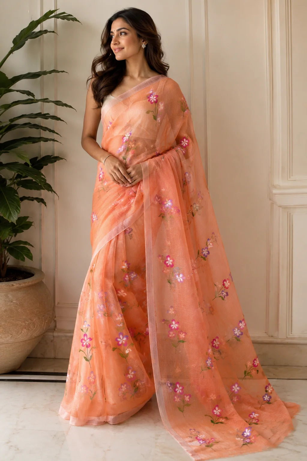 Priyangu Peach Hand Painted Pure Cotton Kota Doria Saree