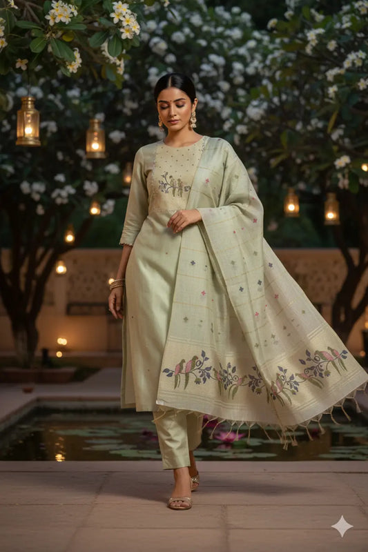 Pratha Green Jamdani Chanderi Suit