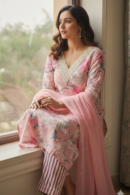 Gulnaar Pink Block Printed Cotton Suit