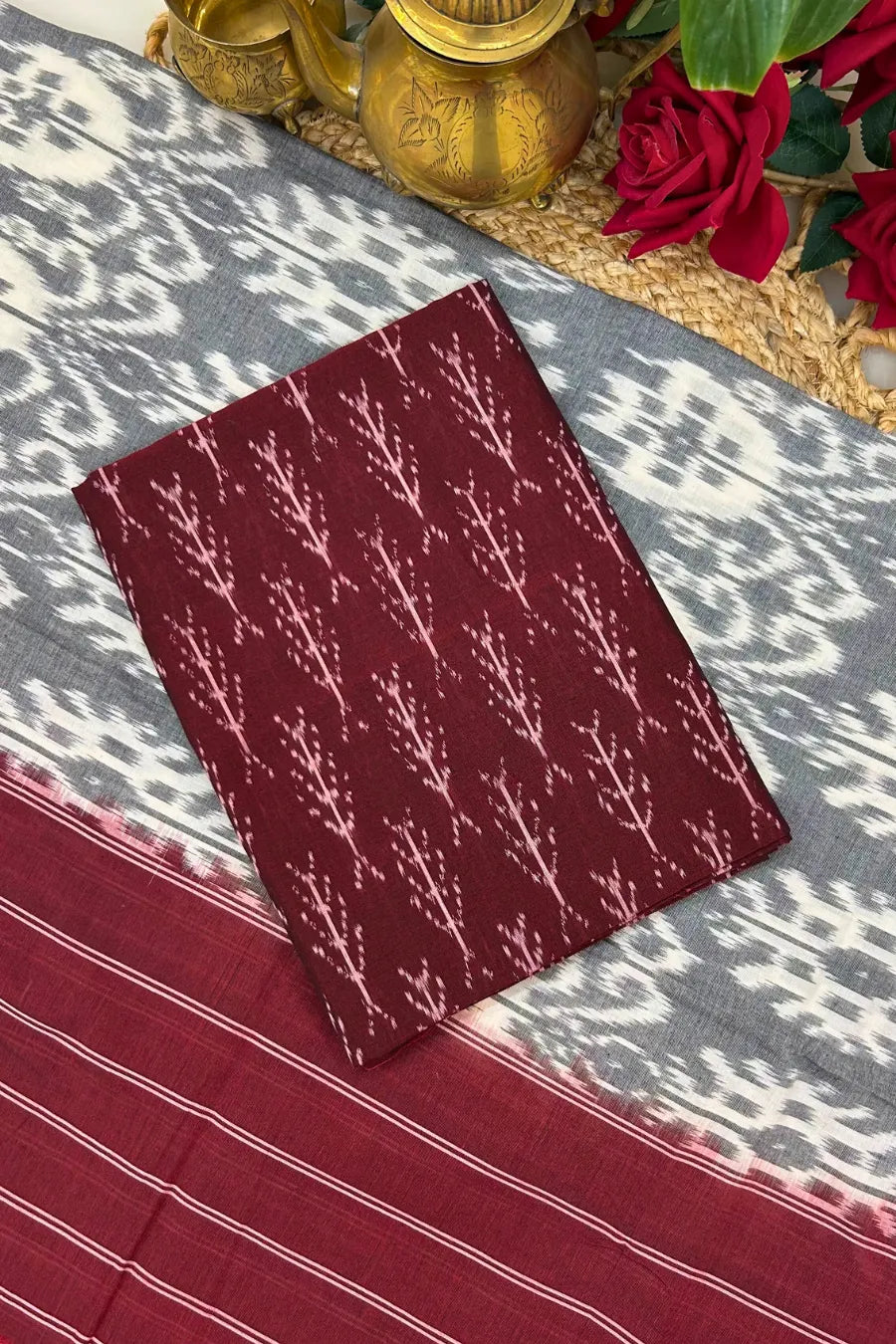 maroon and grey Ikkat cotton suit set with handwoven kurta fabric, matching dupatta and bottom