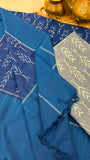 Handloom blue Ikkat cotton dupatta with fine white stripes and tassel detailing.