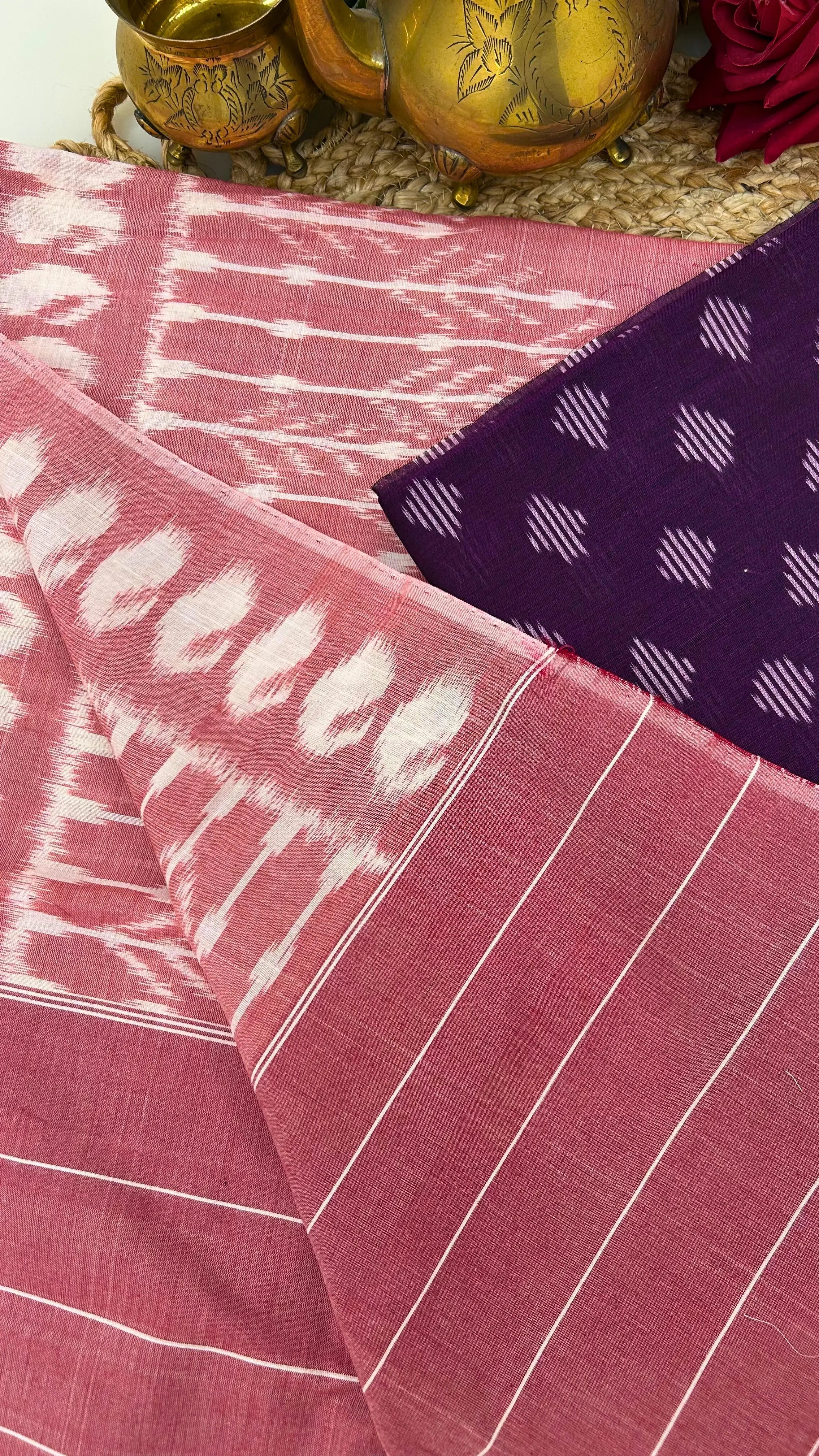Rose pink handloom Ikkat cotton dupatta with striped borders and woven patterns