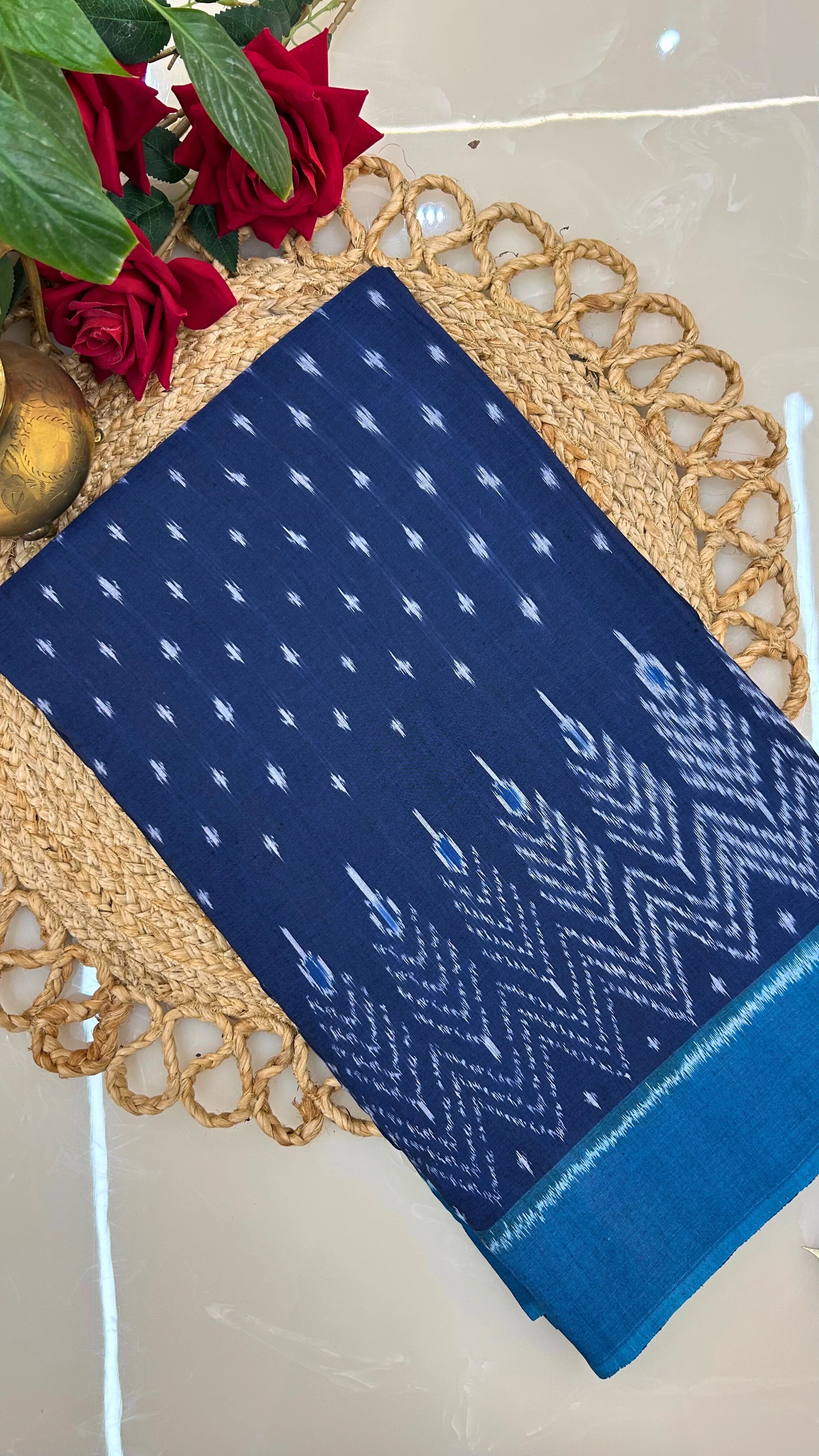 Pure cotton Ikkat saree in indigo blue with handwoven patterns