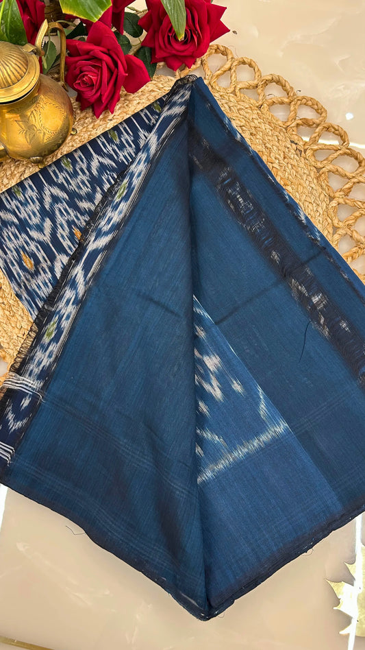 Deep blue Ikkat cotton saree pallu showing weave and texture