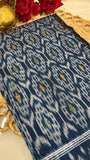 Deep blue handloom Ikkat cotton saree fabric with resist-dyed patterns