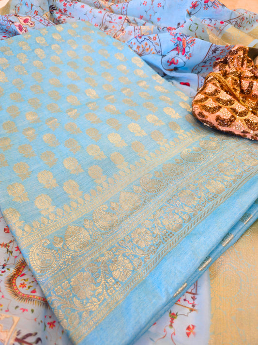 Silken Blue Chanderi Cotton Suit